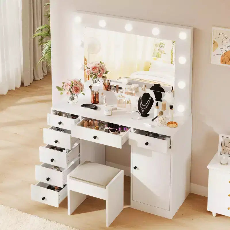 Coiffeuse blanche avec miroir, coiffeuse de maquillage avec 7 tiroirs, armoire et éclairage LED 3 couleurs, coiffeuse moderne en bois pour chambre à coucher