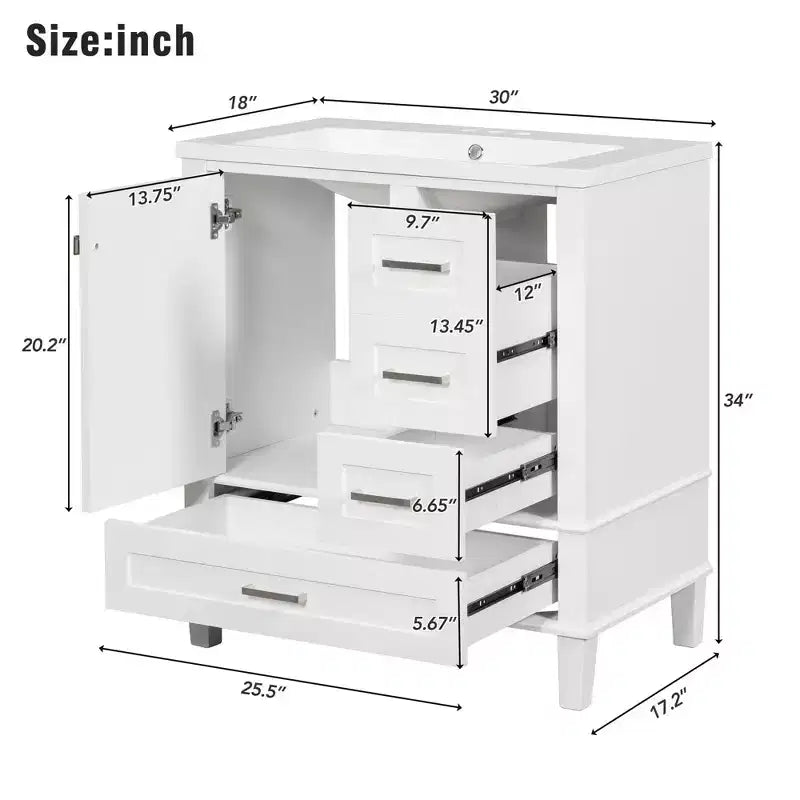 Meuble-lavabo de salle de bain de 76 cm avec évier en céramique sous plan, meuble de rangement de salle de bain moderne avec 3 tiroirs et 1 porte à fermeture douce