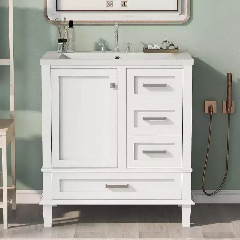 Meuble-lavabo de salle de bain de 76 cm avec évier en céramique sous plan, meuble de rangement de salle de bain moderne avec 3 tiroirs et 1 porte à fermeture douce