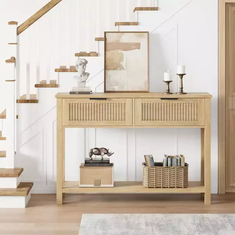 Console d'entrée de ferme de 43 po avec 2 tiroirs et 2 niveaux de rangement pour salon, foyer (couleur bois naturel)