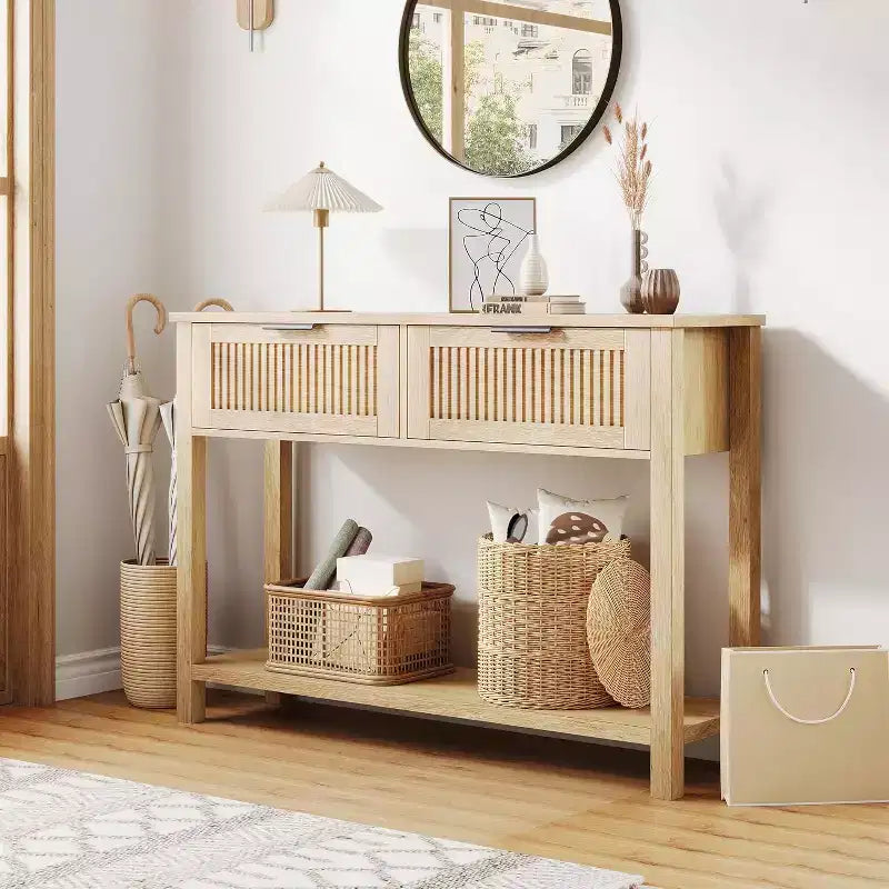 Console d'entrée de ferme de 43 po avec 2 tiroirs et 2 niveaux de rangement pour salon, foyer (couleur bois naturel)