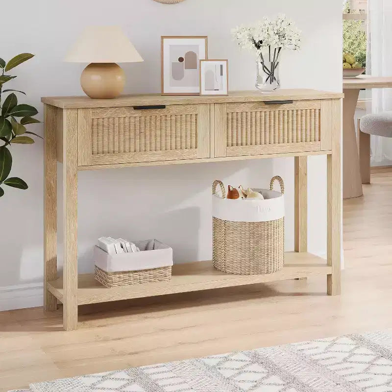Console d'entrée de ferme de 43 po avec 2 tiroirs et 2 niveaux de rangement pour salon, foyer (couleur bois naturel)