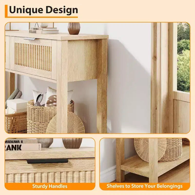 Console d'entrée de ferme de 43 po avec 2 tiroirs et 2 niveaux de rangement pour salon, foyer (couleur bois naturel)