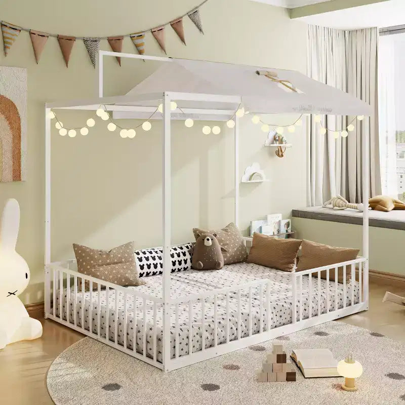 GDFStudio Dana Lit cabane moderne et minimaliste 3-en-1 avec cadre à baldaquin et lattes métalliques robustes