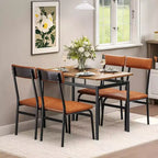 5-Piece Industrial Dining Set for 4, Brown Table and Chairs with Leatherette Upholstery, Space Saving Design for Small Spaces, Easy Clean Surface