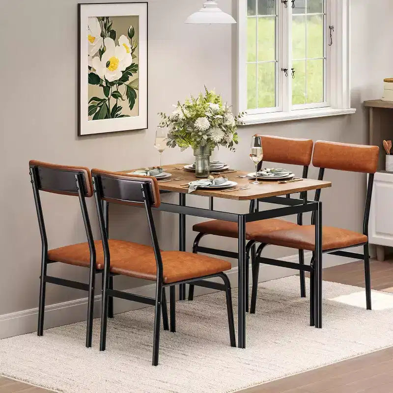 5-Piece Industrial Dining Set for 4, Brown Table and Chairs with Leatherette Upholstery, Space Saving Design for Small Spaces, Easy Clean Surface