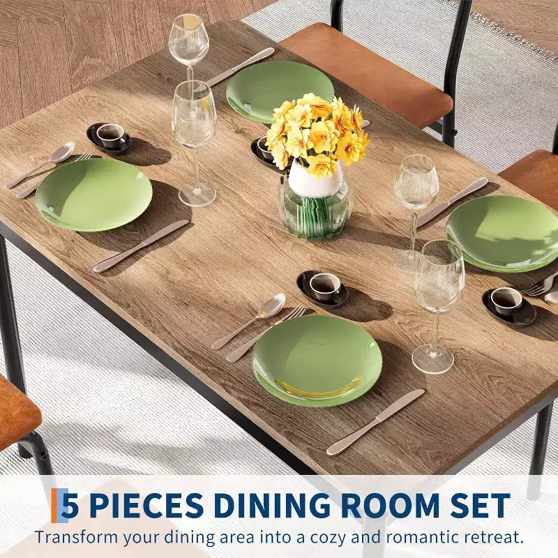 Ensemble de salle à manger industriel 5 pièces pour 4 personnes, table et chaises marron avec revêtement en similicuir, design compact pour petits espaces, surface facile à nettoyer