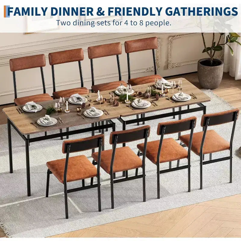 Ensemble de salle à manger industriel 5 pièces pour 4 personnes, table et chaises marron avec revêtement en similicuir, design compact pour petits espaces, surface facile à nettoyer