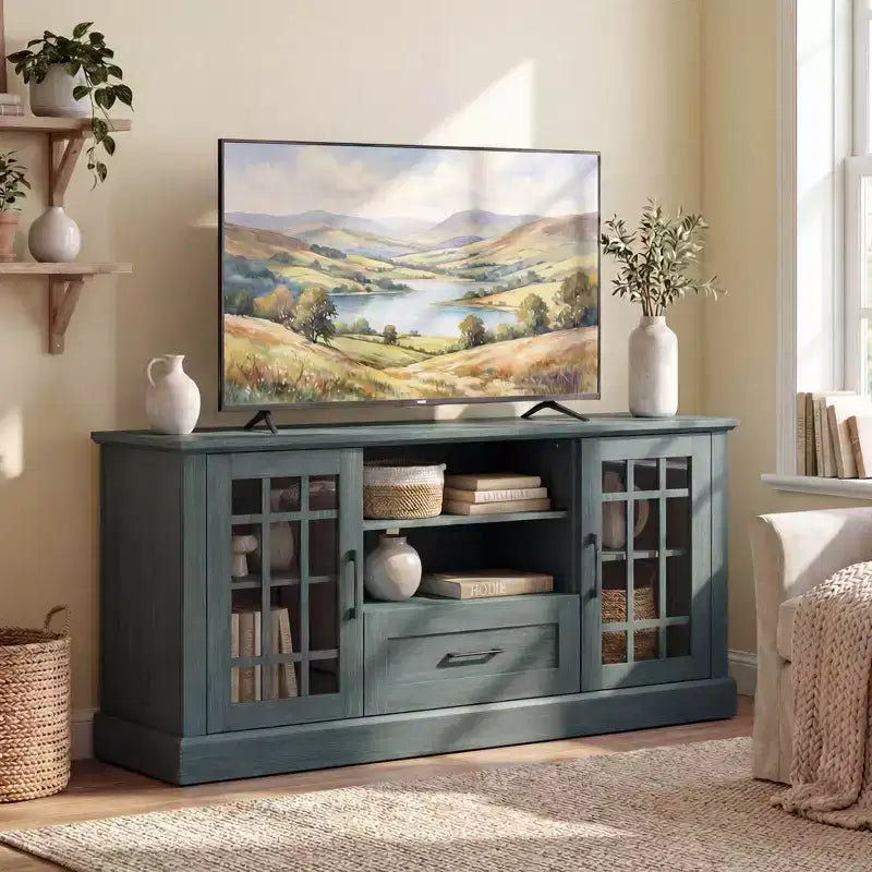Meuble TV Costway de style ferme pour téléviseurs jusqu'à 70 pouces, centre multimédia avec portes vitrées, compartiments et tiroir, vert/blanc/noir