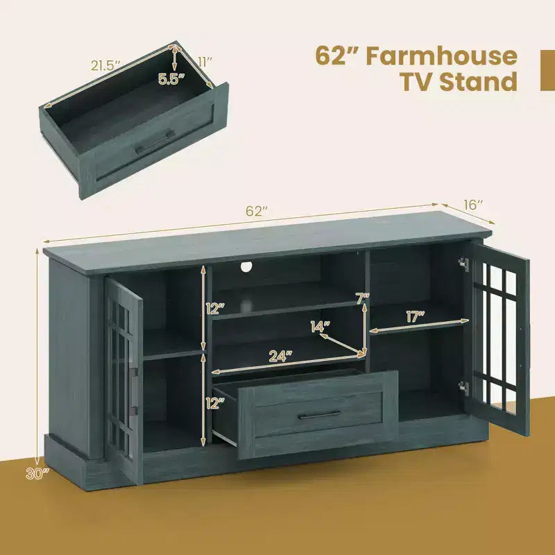 Meuble TV Costway de style ferme pour téléviseurs jusqu'à 70 pouces, centre multimédia avec portes vitrées, compartiments et tiroir, vert/blanc/noir