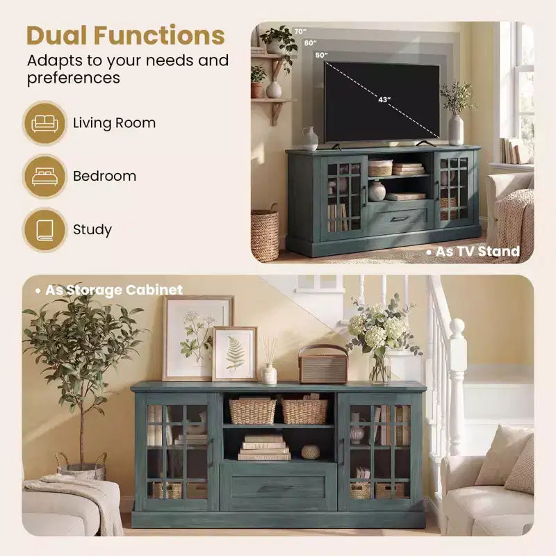 Meuble TV Costway de style ferme pour téléviseurs jusqu'à 70 pouces, centre multimédia avec portes vitrées, compartiments et tiroir, vert/blanc/noir