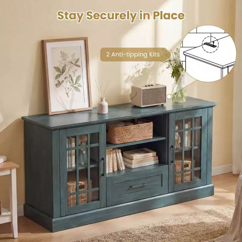 Meuble TV Costway de style ferme pour téléviseurs jusqu'à 70 pouces, centre multimédia avec portes vitrées, compartiments et tiroir, vert/blanc/noir