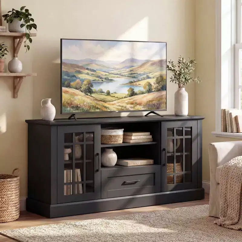 Meuble TV Costway de style ferme pour téléviseurs jusqu'à 70 pouces, centre multimédia avec portes vitrées, compartiments et tiroir, vert/blanc/noir