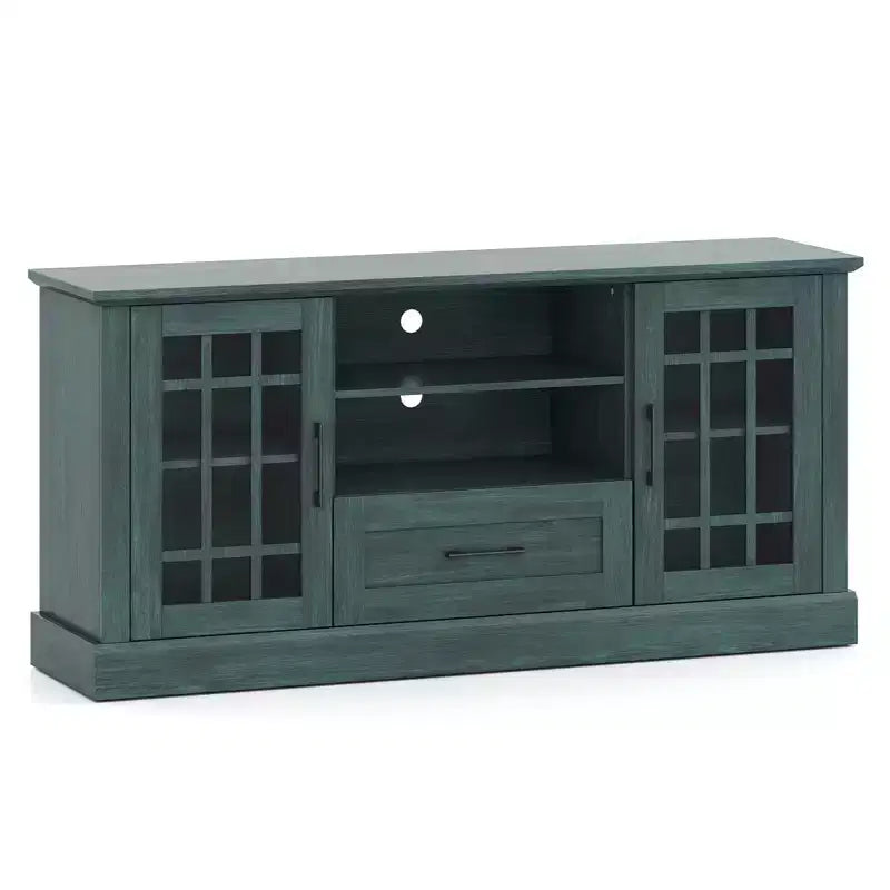 Meuble TV Costway de style ferme pour téléviseurs jusqu'à 70 pouces, centre multimédia avec portes vitrées, compartiments et tiroir, vert/blanc/noir