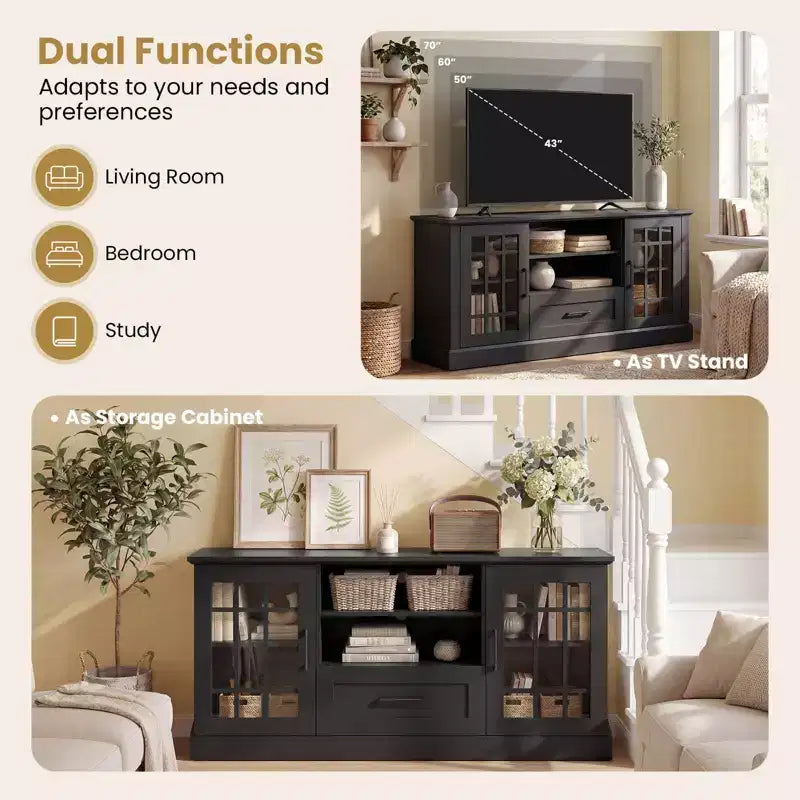 Meuble TV Costway de style ferme pour téléviseurs jusqu'à 70 pouces, centre multimédia avec portes vitrées, compartiments et tiroir, vert/blanc/noir