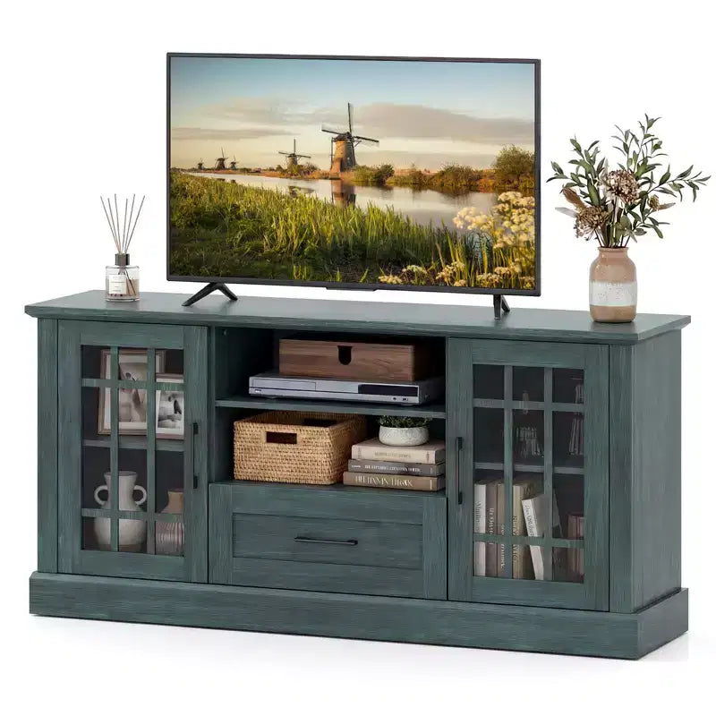 Meuble TV Costway de style ferme pour téléviseurs jusqu'à 70 pouces, centre multimédia avec portes vitrées, compartiments et tiroir, vert/blanc/noir