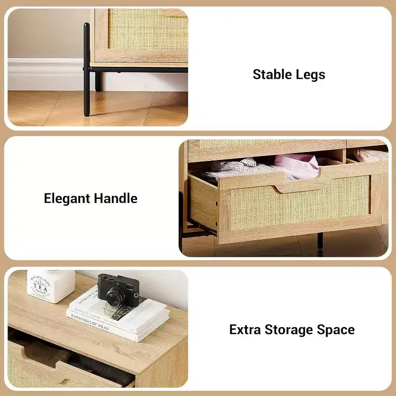 Commode Acekool à 6 tiroirs en rotin, commode cannelée avec pieds stables, armoire de rangement anti-basculement pour chambre à coucher