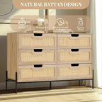 Commode Acekool à 6 tiroirs en rotin, commode cannelée avec pieds stables, armoire de rangement anti-basculement pour chambre à coucher