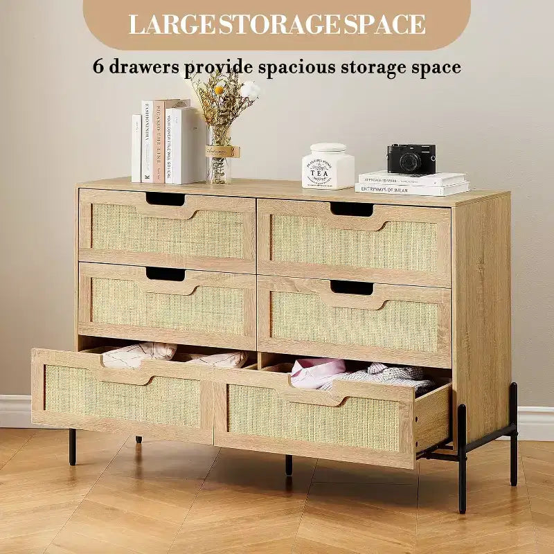 Commode Acekool à 6 tiroirs en rotin, commode cannelée avec pieds stables, armoire de rangement anti-basculement pour chambre à coucher