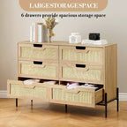 Commode Acekool à 6 tiroirs en rotin, commode cannelée avec pieds stables, armoire de rangement anti-basculement pour chambre à coucher