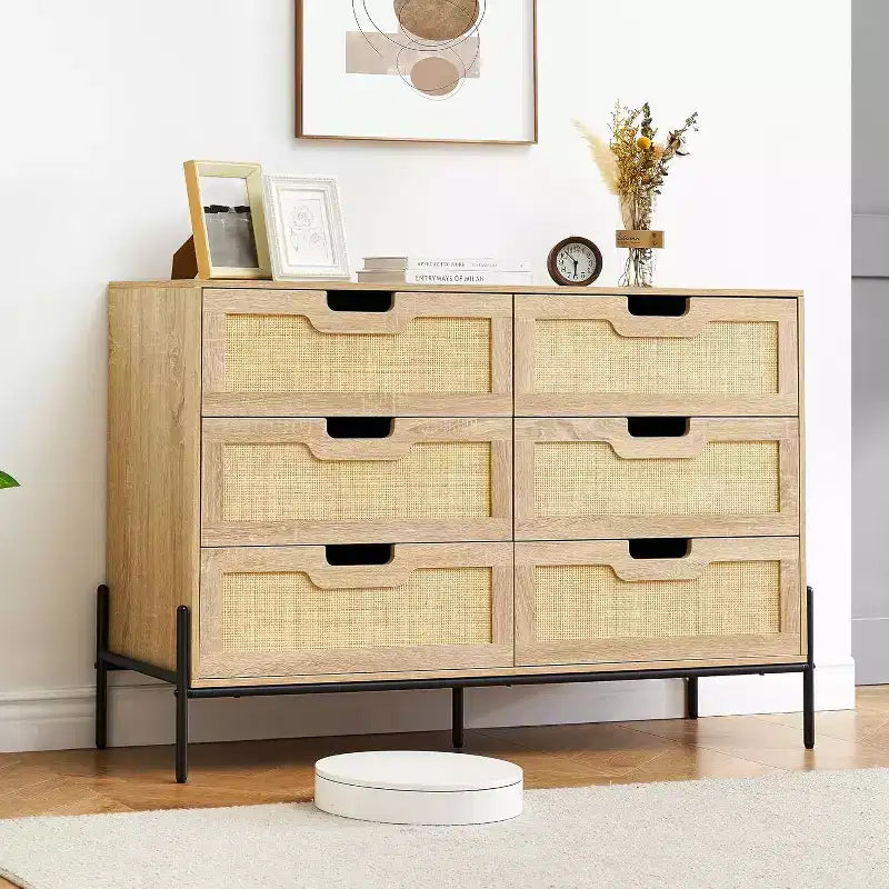 Commode Acekool à 6 tiroirs en rotin, commode cannelée avec pieds stables, armoire de rangement anti-basculement pour chambre à coucher