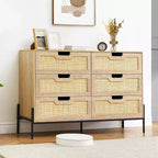 Commode Acekool à 6 tiroirs en rotin, commode cannelée avec pieds stables, armoire de rangement anti-basculement pour chambre à coucher