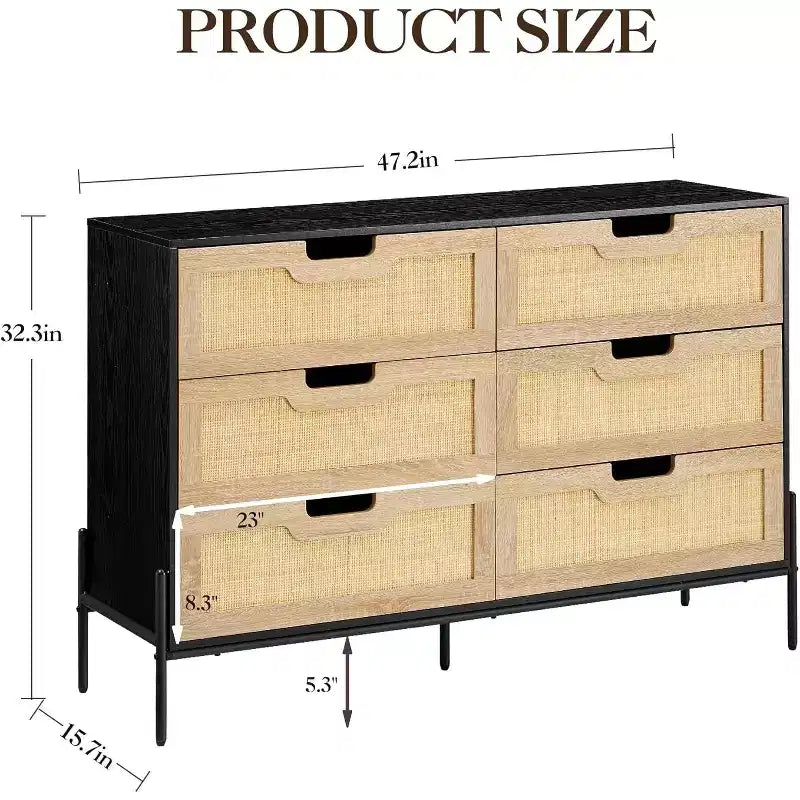 Commode Acekool à 6 tiroirs en rotin, commode cannelée avec pieds stables, armoire de rangement anti-basculement pour chambre à coucher