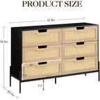 Commode Acekool à 6 tiroirs en rotin, commode cannelée avec pieds stables, armoire de rangement anti-basculement pour chambre à coucher