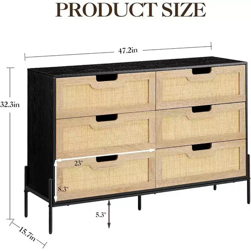 Commode Acekool à 6 tiroirs en rotin, commode cannelée avec pieds stables, armoire de rangement anti-basculement pour chambre à coucher