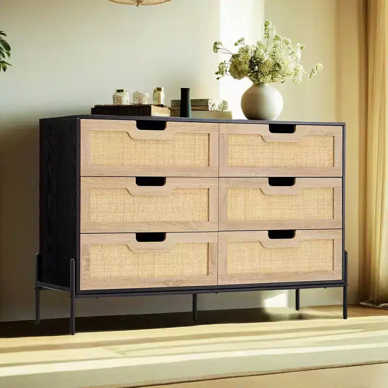 Commode Acekool à 6 tiroirs en rotin, commode cannelée avec pieds stables, armoire de rangement anti-basculement pour chambre à coucher