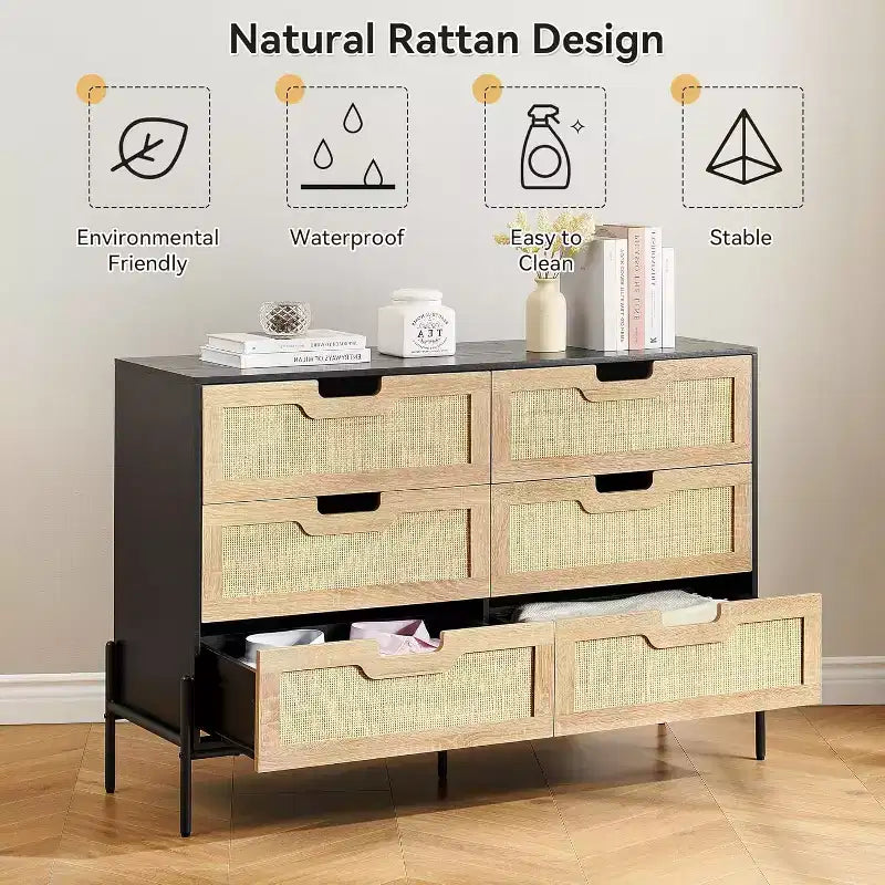 Commode Acekool à 6 tiroirs en rotin, commode cannelée avec pieds stables, armoire de rangement anti-basculement pour chambre à coucher