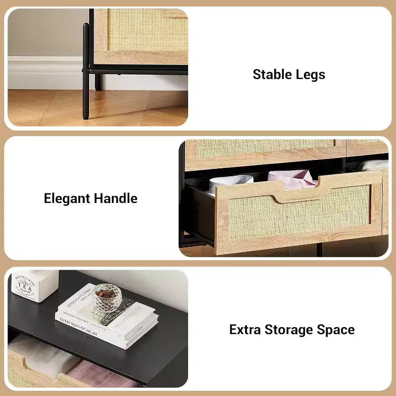 Commode Acekool à 6 tiroirs en rotin, commode cannelée avec pieds stables, armoire de rangement anti-basculement pour chambre à coucher