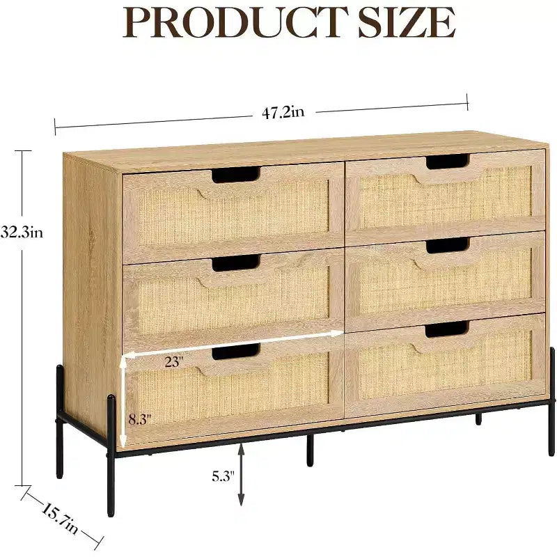 Commode Acekool à 6 tiroirs en rotin, commode cannelée avec pieds stables, armoire de rangement anti-basculement pour chambre à coucher