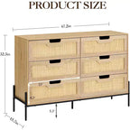 Commode Acekool à 6 tiroirs en rotin, commode cannelée avec pieds stables, armoire de rangement anti-basculement pour chambre à coucher