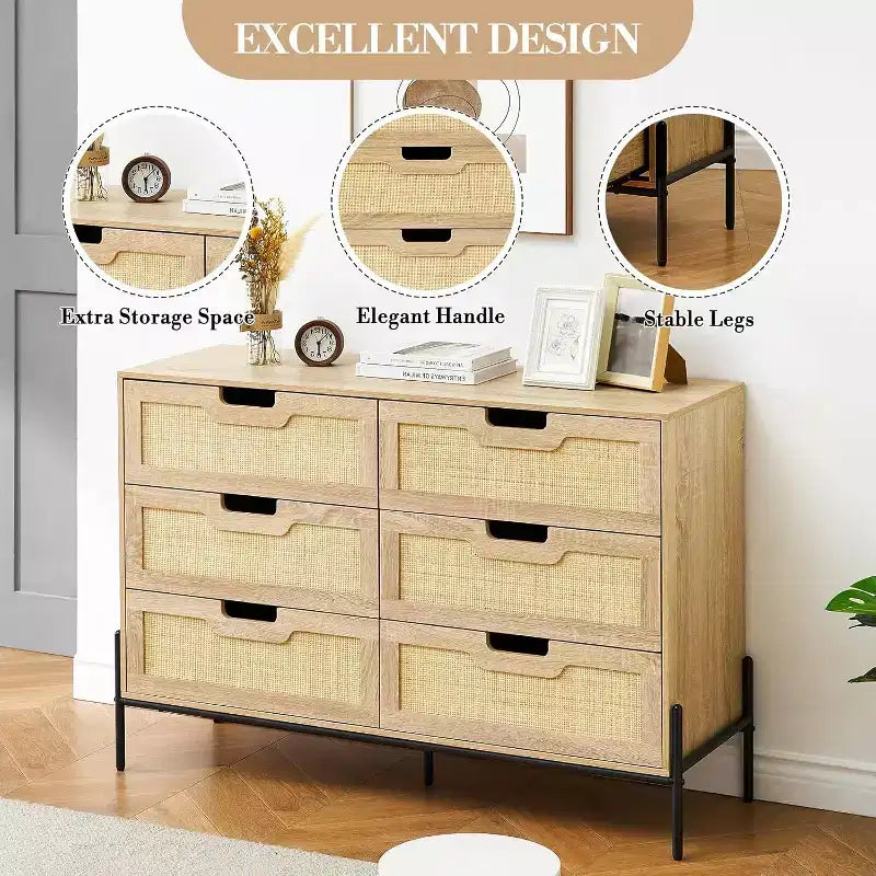 Commode Acekool à 6 tiroirs en rotin, commode cannelée avec pieds stables, armoire de rangement anti-basculement pour chambre à coucher