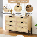 Commode Acekool à 6 tiroirs en rotin, commode cannelée avec pieds stables, armoire de rangement anti-basculement pour chambre à coucher