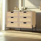Commode Acekool à 6 tiroirs en rotin, commode cannelée avec pieds stables, armoire de rangement anti-basculement pour chambre à coucher