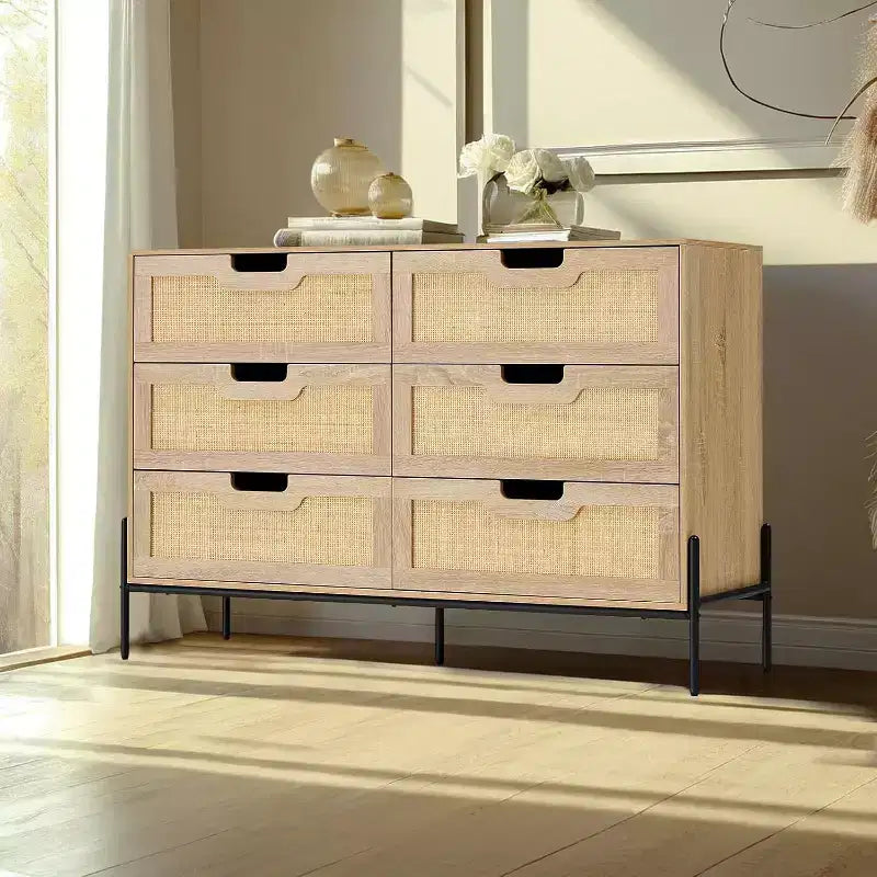 Commode Acekool à 6 tiroirs en rotin, commode cannelée avec pieds stables, armoire de rangement anti-basculement pour chambre à coucher