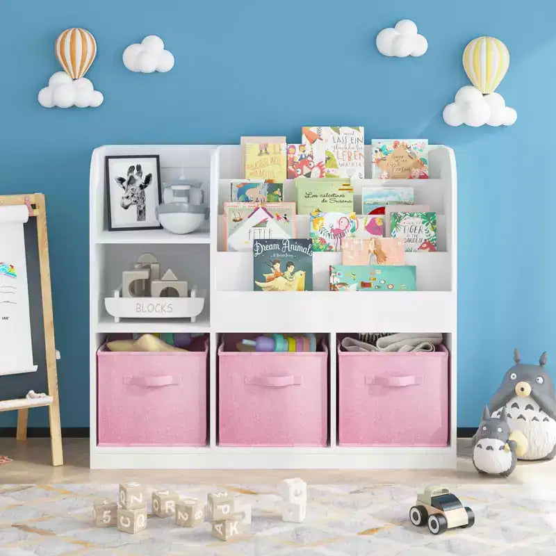 MAYEERTY Étagère de Rangement et Bibliothèque, Étagère Multifonctionnelle avec 3 Tiroirs en Tissu Pliables, Présentoir Bibliothèque pour Chambre à Coucher, Salle de Jeux, Blanc Rose