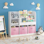 MAYEERTY Étagère de Rangement et Bibliothèque, Étagère Multifonctionnelle avec 3 Tiroirs en Tissu Pliables, Présentoir Bibliothèque pour Chambre à Coucher, Salle de Jeux, Blanc Rose