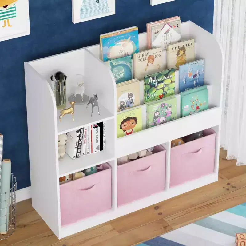 MAYEERTY Étagère de Rangement et Bibliothèque, Étagère Multifonctionnelle avec 3 Tiroirs en Tissu Pliables, Présentoir Bibliothèque pour Chambre à Coucher, Salle de Jeux, Blanc Rose
