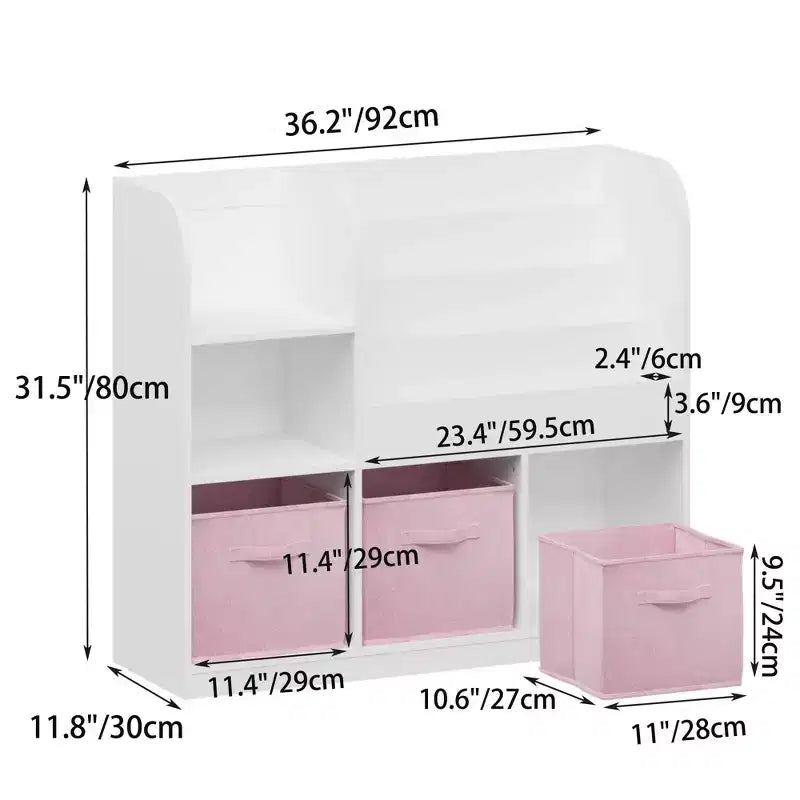 MAYEERTY Étagère de Rangement et Bibliothèque, Étagère Multifonctionnelle avec 3 Tiroirs en Tissu Pliables, Présentoir Bibliothèque pour Chambre à Coucher, Salle de Jeux, Blanc Rose