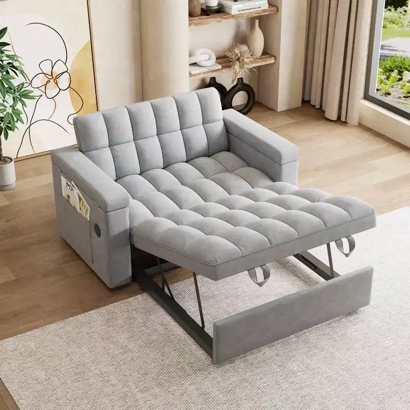 MAYEERTY Lit de canapé pliable 3 en 1 de 65 pouces pour ordinateur, canapé double moderne en velours avec dossier réglable, sac de rangement et oreiller, gris clair