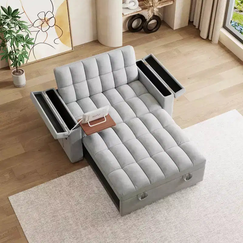 MAYEERTY Lit de canapé pliable 3 en 1 de 65 pouces pour ordinateur, canapé double moderne en velours avec dossier réglable, sac de rangement et oreiller, gris clair