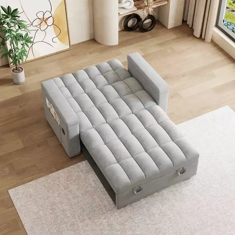MAYEERTY Lit de canapé pliable 3 en 1 de 65 pouces pour ordinateur, canapé double moderne en velours avec dossier réglable, sac de rangement et oreiller, gris clair