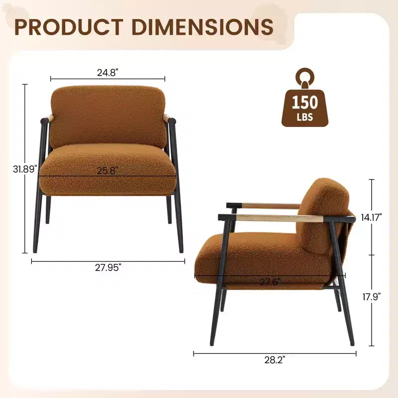 Fauteuil confortable, Fauteuil d'appoint moderne avec cadre en métal, Fauteuil de lecture douillet avec coussin moelleux et accoudoir en bois pour chambre à coucher, salon