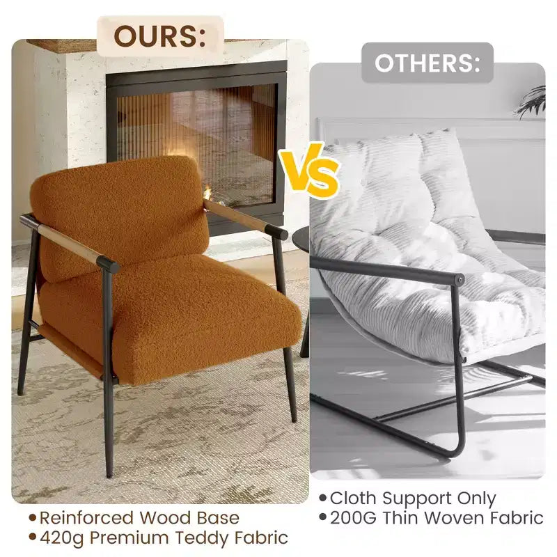 Fauteuil confortable, Fauteuil d'appoint moderne avec cadre en métal, Fauteuil de lecture douillet avec coussin moelleux et accoudoir en bois pour chambre à coucher, salon