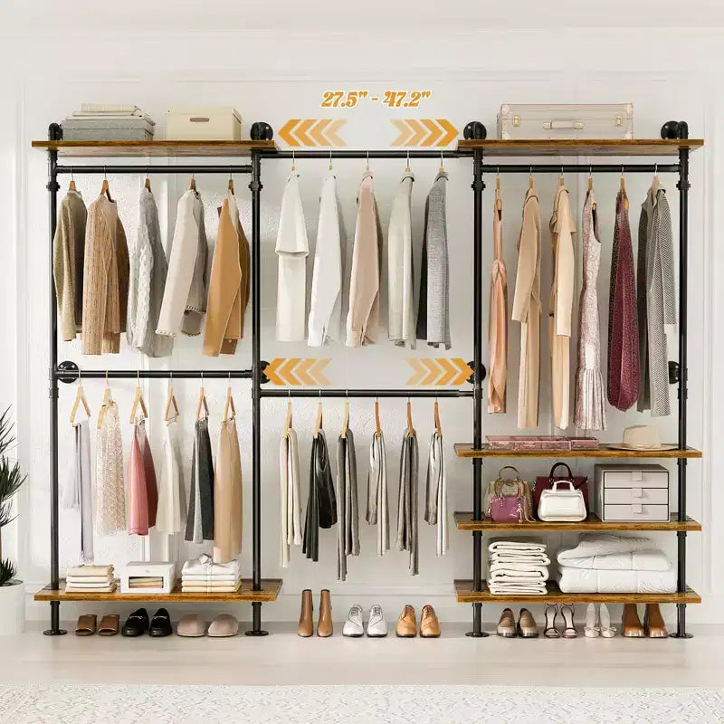 Portant à vêtements Besiost avec étagères en bois, système de rangement pour penderie