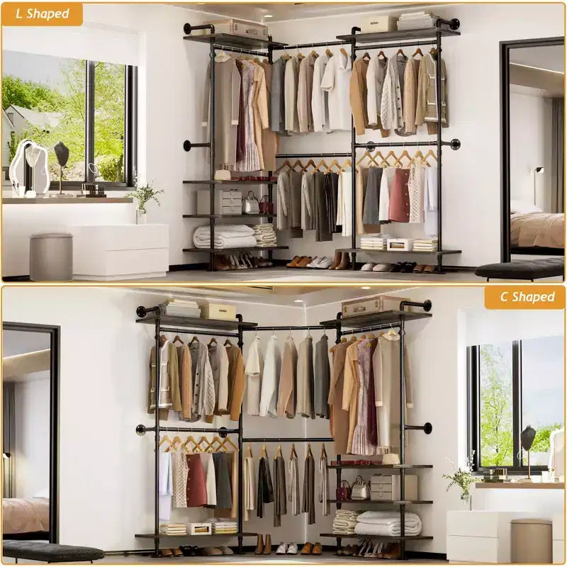Portant à vêtements Besiost avec étagères en bois, système de rangement pour penderie