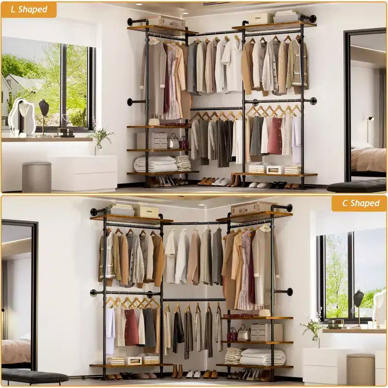 Portant à vêtements Besiost avec étagères en bois, système de rangement pour penderie